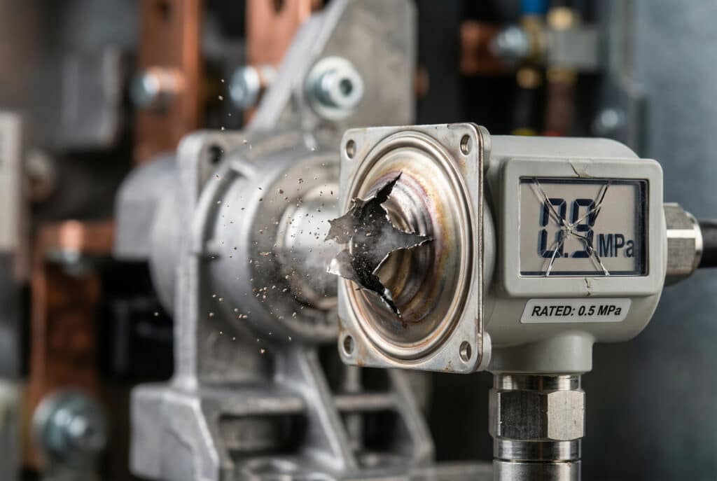 マクロ写真は、ガス密度モニターセンサーの金属ダイアフラムの破裂を示し、デジタル表示カウンターは定格「0.5 MPa」の上を「0.9 MPa」と点滅している。.