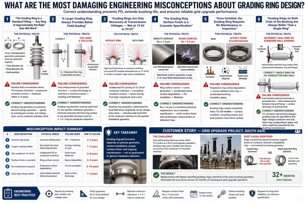 Infographie technique expliquant les idées fausses les plus dommageables dans la conception des anneaux de gradation des bagues murales, montrant comment une géométrie incorrecte des anneaux, un surdimensionnement, une finition de surface rugueuse, un manque d'entretien et des hypothèses erronées concernant les anneaux doubles peuvent provoquer des décharges partielles, un cheminement et des défaillances par embrasement généralisé.