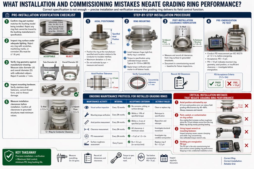 Infographie technique montrant les erreurs d'installation et de mise en service qui réduisent les performances des bagues de gradation, notamment un mauvais positionnement axial, une mauvaise concentricité, une vérification inadéquate du jeu, une contamination de surface, un serrage inadéquat et l'omission d'un test de décharge partielle avant la mise sous tension.