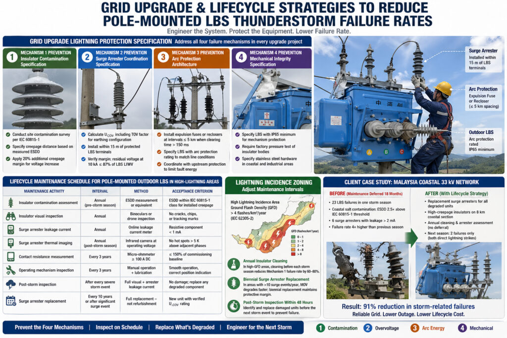Инфографика по модернизации сети и техническому обслуживанию в течение всего жизненного цикла для снижения количества грозовых отказов столбовых LBS, охватывающая контроль загрязнения изоляторов, координацию ОПН, архитектуру дуговой защиты, проверку механической целостности и интервалы технического обслуживания в зонах повышенной освещенности.