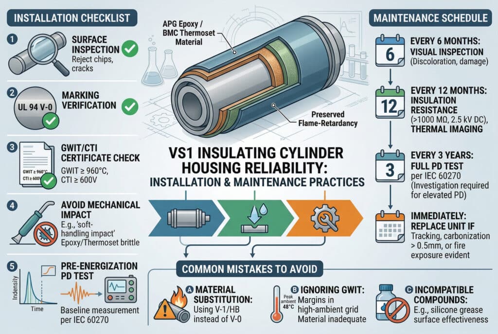 在工業實驗室環境中，比較兩種類型的 VS1 絕緣鋼瓶外殼及其性能數據的技術可視化圖像，在排列上沒有水平分割、並排或左右佈局。左側以 'APG EPOXY RESIN (PREEFERRED) '為主題，並配有精密設計的實心封裝氣缸的特寫。它包括一個客戶故事的文字覆蓋：「GRID UPGRADE SUITABILITY: ✔ Preferred」、「ARC FAULT SIMULATION: ZERO FLAME PROPAGATION」、「HIGH FAULT LEVEL (25 kA)」和「Extreme TEMP OPERATION (Peak 48°C)」。右側有 'BMC (HALOGENATED FR - STANDARD) '和傳統的 BMC 外殼 VS1 圓筒。它包括文字覆蓋：'GRID UPGRADE SUITABILITY: ✔ Acceptable'、'ARC CONTACT：自熄'、「標準應用」。中央有一個大型雷達圖，比較材料對照表中的指標：「絕緣強度 (kV/mm)」、「ARC 阻抗 (ASTM D495 sec)」、「CTI (IEC 60112 V)」和「Tg (IEC 61006 °C)」。兩種材料的數據線都清楚地繪出，APG 的數據線明顯較高。圖表附近的文字強調「VS1 渦輪外殼材料效能比較」。背景是乾淨的工業測試實驗室，裡面有複雜的測試設備、電路圖樣和金屬顏色。專業的燈光與高度的細節。所有文字均使用乾淨、正確的英文。著重於功能說明。整個圖像具有高科技資訊圖形的風格。UI 排列中沒有水平分割、並排或左右佈局。圖片是總結綜合選型指南的工程插圖。.