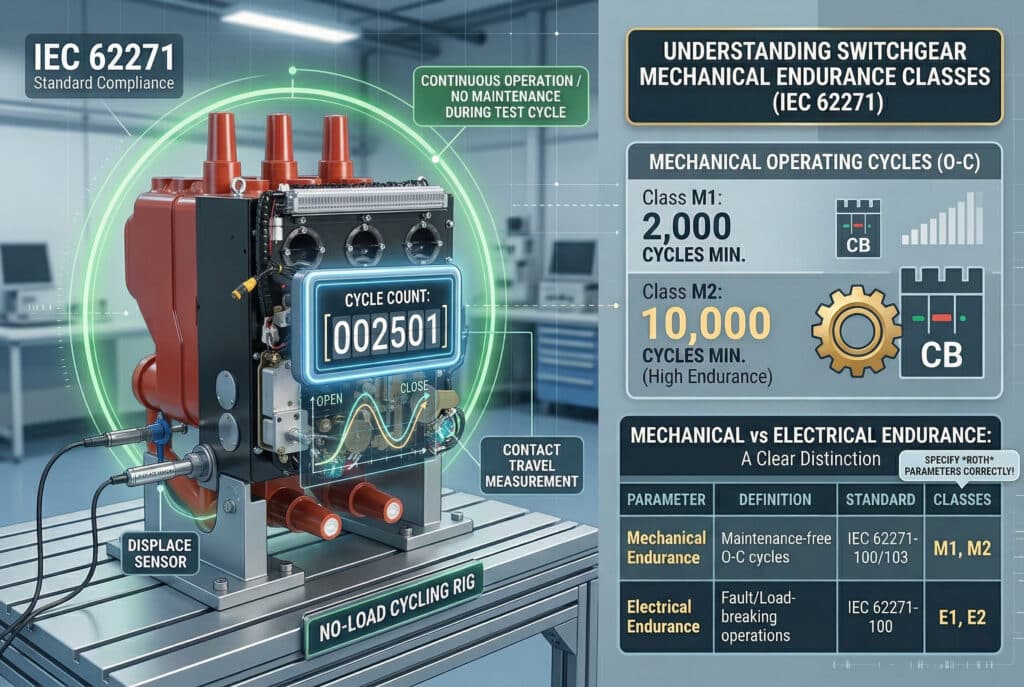 Một infographic kỹ thuật chi tiết theo phong cách kỹ thuật hiện đại. Ở bên trái, hình ảnh cắt lớp của cơ chế hoạt động của một bộ ngắt mạch trung áp được hiển thị trên thiết bị thử nghiệm chu kỳ không tải, với một bộ đếm kỹ thuật số hiển thị "SỐ LƯỢT CHU KỲ: [002501]" và các chú thích văn bản như "Tuân thủ Tiêu chuẩn IEC 62271", "ĐO ĐỘ DI CHUYỂN TIẾP ĐIỂM" và "CẢM BIẾN CHỈ THỊ VỊ TRÍ". Ở bên phải, một bảng chi tiết có tiêu đề "HIỂU VỀ CÁC LOẠI ĐỘ BỀN CƠ KHÍ CỦA THIẾT BỊ ĐIỀU KHIỂN (IEC 62271)." Bảng này định nghĩa các chu kỳ hoạt động cơ học của Loại M1 (tối thiểu 2.000 chu kỳ) và Loại M2 (tối thiểu 10.000 chu kỳ), kèm theo dấu tích cho mục "HOẠT ĐỘNG LIÊN TỤC / KHÔNG CẦN BẢO TRÌ TRONG QUÁ TRÌNH THỬ NGHIỆM". Bảng so sánh bên dưới làm rõ "ĐỘ BỀN CƠ KHÍ so với ĐỘ BỀN ĐIỆN", với dữ liệu cho các lớp M1, M2 và các lớp E1, E2.