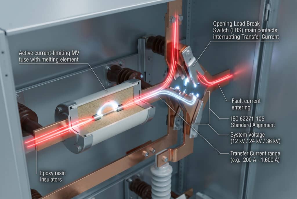 Eine hochtechnische Illustration, die in einer sauberen 3:2-Schnittansicht dargestellt ist, zeigt das Innenleben einer Mittelspannungs-Sicherungs-Schalter-Kombination im Fehlerbetrieb. Sie zeigt den genauen Moment der Stromübertragung, wobei der hohe Fehlerstrom (hellrot) durch die Sicherungspatrone fließt, während sie sich löscht, und der resultierende Übertragungsstrom (blau-weiß) sofort durch die sich öffnenden Kontakte des Lasttrennschalters (LBS) unterbrochen wird. Etiketten mit präziser englischer Schreibweise heben die Schlüsselkomponenten, die technischen Parameter (12 kV, 24 kV, 36 kV Systemspannung) und die Standardausrichtung (IEC 62271-105) hervor.