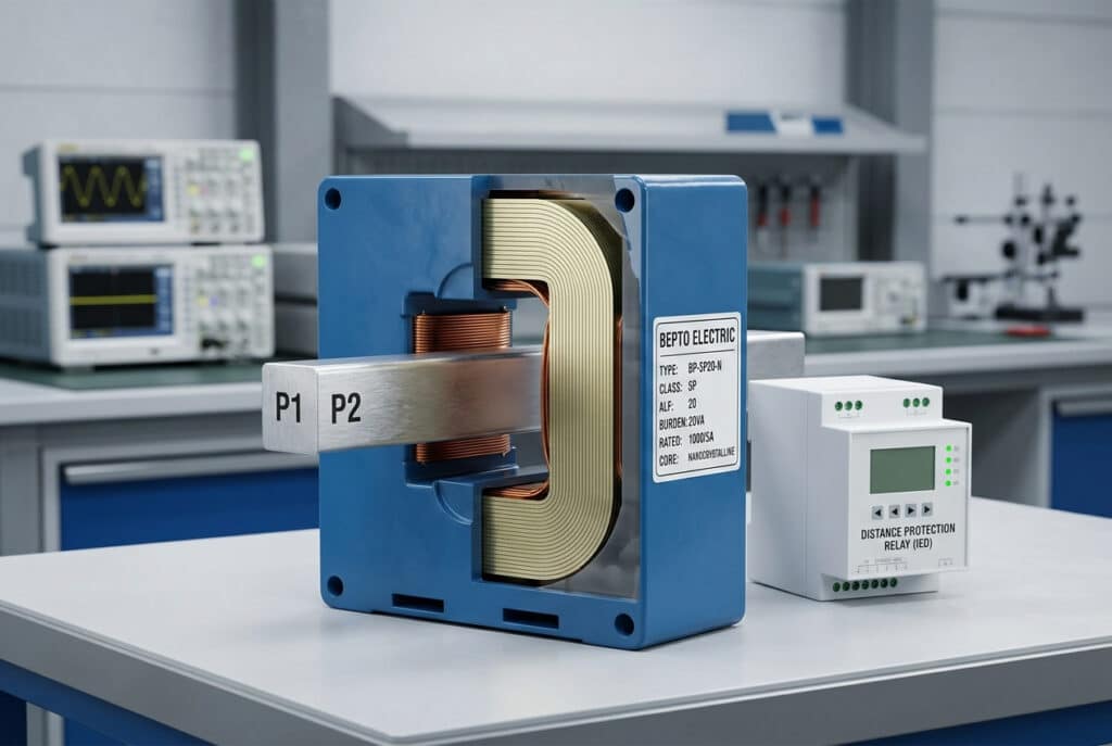 Profesyonel bir mühendislik laboratuvarında modern bir mesafe koruma rölesinin yanına yerleştirilmiş, nanokristal çekirdeğini ve hassas bakır sargılarını ortaya çıkaran kesit görünümlü yüksek performanslı bir endüstriyel Akım Transformatörü (CT). Bu görsel, doğru empedans hesaplaması için gerekli olan sağlam iç mühendisliği göstermekte, güvenilir arıza temizliğini sağlamakta ve 35kV elektrik trafo merkezlerinde rahatsız edici açmaları önlemektedir.