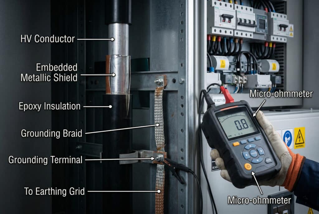 SIS 開關裝置內部細節特寫，顯示連接的微歐計，用於測量嵌入式金屬屏蔽與接地端子之間的屏蔽對地電阻。螢幕顯示 0.8 Ω 的高讀數，表示由於故障而造成潛在危險的浮動屏蔽，直觀地參考文中提及的實際風險。.