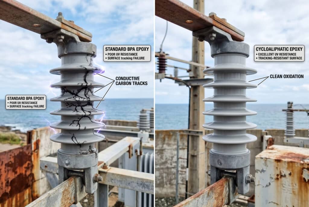 A composite industrial photograph showing a split view of two medium-voltage insulators under high voltage stress in a coastal substation setting. The left insulator, made of standard BPA epoxy, is severely damaged with prominent conductive black carbon tracks and surface tracking. It is labeled with the text "STANDARD BPA EPOXY" and points to the damage. The right insulator, made of cycloaliphatic epoxy, is clean and unaffected under identical conditions. It is labeled "CYCLOALIPHATIC EPOXY" and points to its clean surface. The difference visually represents the materials' distinct tracking resistance under high voltage.