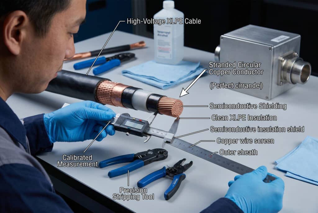 Detailed engineering-style photograph capturing the precise preparation of a high-voltage XLPE cable. A close-up view focuses on the stripped cable end, where the clean, stranded, and perfect circular copper conductor is clearly visible. A technician with specialized gloves uses a calibrated digital caliper to measure the exposed conductor and insulation. Labels point to key layers: 'Stranded Circular Copper Conductor', 'Semiconductive Conductor Shield', 'Clean XLPE Insulation', 'Insulation Shield Strip Back', and 'Precision Stripping Tool'. Other specialized tools are on the clean workshop table.