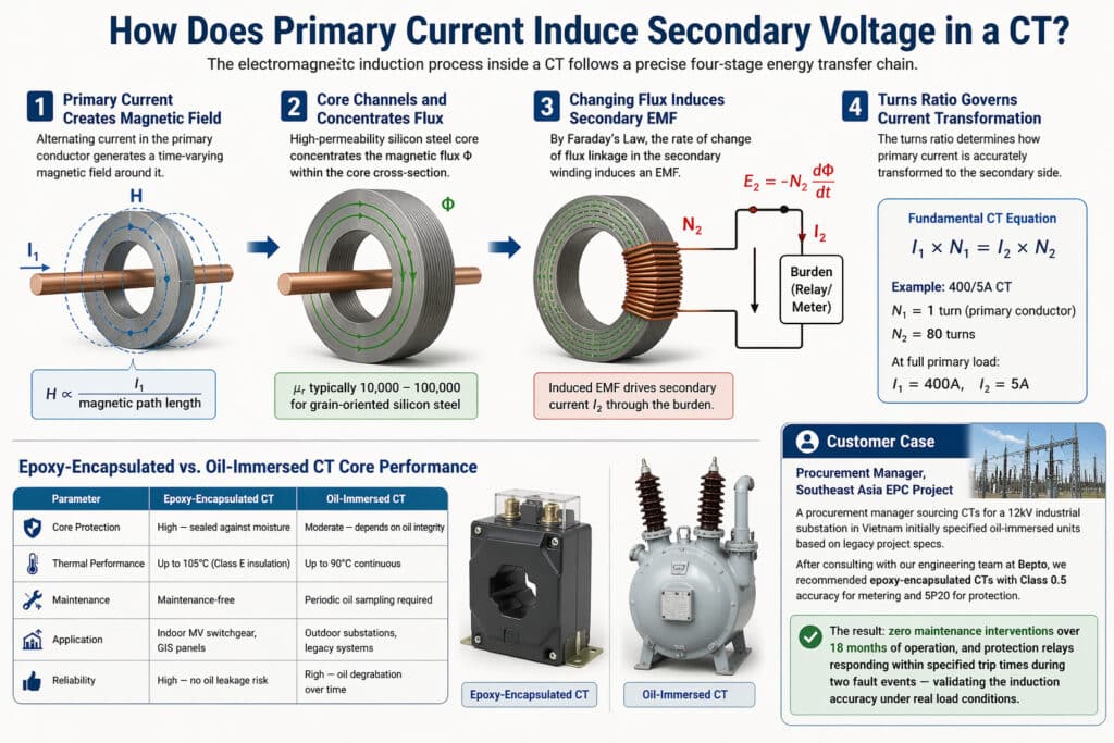 Infografia técnica sobre indução de TC que mostra como a corrente primária cria fluxo magnético, como o núcleo o concentra, como a alteração do fluxo induz CEM secundários e como a relação de espiras controla a corrente secundária, com uma comparação do desempenho do núcleo de TC encapsulado em epóxi e imerso em óleo para aplicações em subestações de MT.