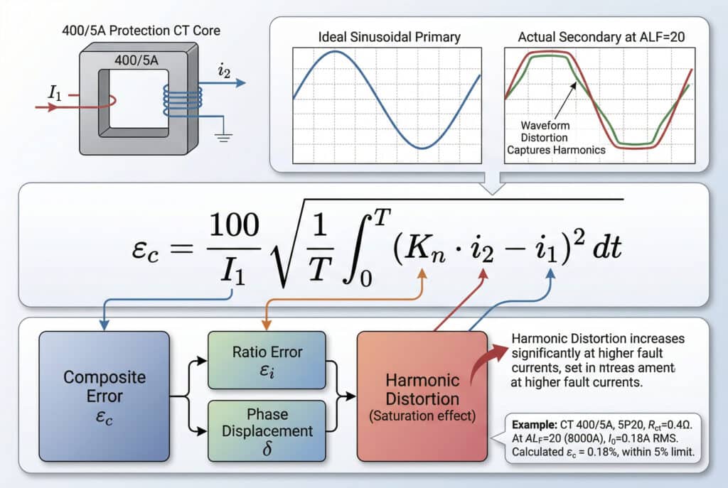 A detailed diagram illustrating the calculation of CT composite error per IEC 61869-2. It displays both a waveform visualization of primary current vs. distorted secondary current at high fault multiples, the full integral formula for composite error, and a conceptual breakdown showing how composite error captures ratio error, phase displacement, and the significant harmonic distortion component caused by magnetic saturation at higher fault currents.