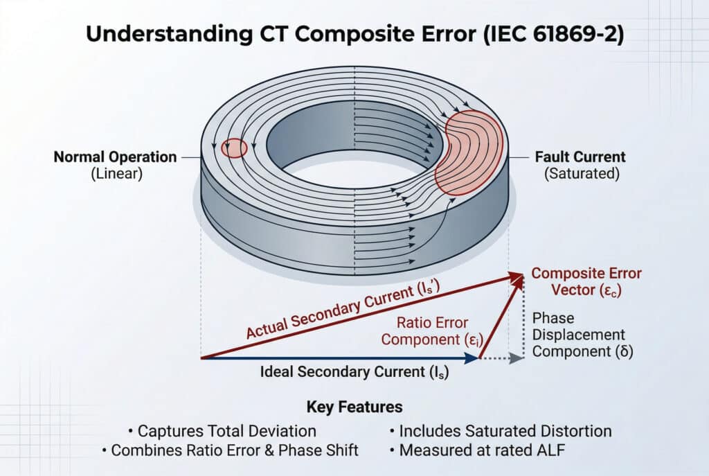 A technical diagram illustrating the definition of CT Composite Error ($\varepsilon_c$) according to IEC 61869-2. It combines a phasor diagram showing the relationship between ideal and actual secondary currents, broken down into ratio and phase error components, with an illustration of a current transformer core experiencing magnetic saturation under high fault currents, highlighting the total accuracy deviation capturing distortion.