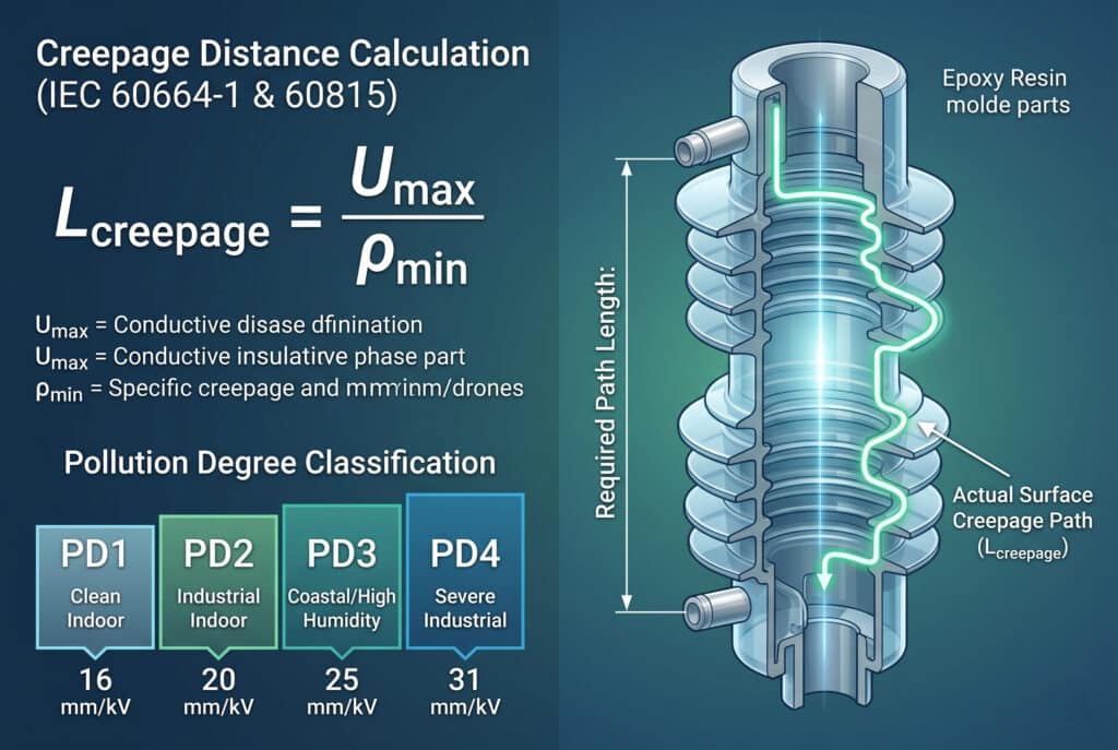 Techniczna ilustracja inżynieryjna przedstawiająca obliczanie minimalnej drogi upływu dla żebrowanego elementu izolacji epoksydowej w oparciu o normy IEC. Wizualnie rozkłada wzór $L_{creepage} = \frac{U_{max}}{\rho_{min}}$ z regulowaną grafiką dla napięcia systemowego i stopnia zanieczyszczenia.