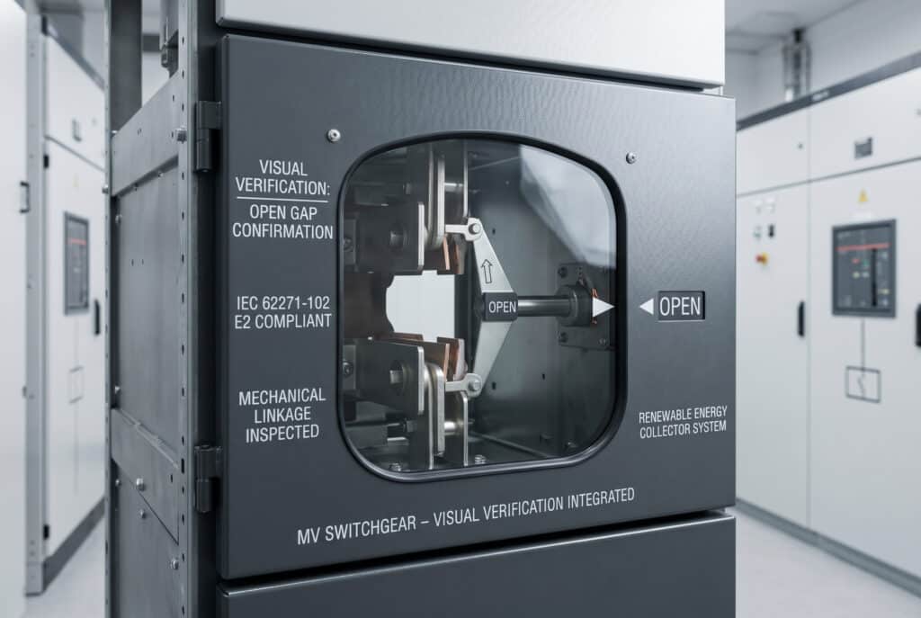 Детальная фотография заземлителя класса E2, соответствующего стандарту IEC 62271-102, с инспекционным окном прямого обзора, четко отображающим открытый зазор и связанный с ним механический индикатор положения, демонстрирует применение системы визуальной проверки для программ технического обслуживания возобновляемых источников энергии и ВЛ.