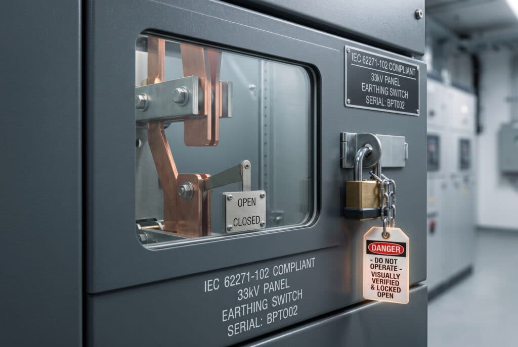 Детальная проектная фотография заземлителя среднего напряжения, соответствующего требованиям МЭК, с смотровым окном прямого обзора с дуговой защитой, четко отображающим видимый открытый зазор и механически связанный индикатор положения, направленный на 'ОТКРЫТО'. Навесной замок активно задействован через специальную защелку на дверце панели, физически блокируя выключатель в открытом положении. Стандартная бирка безопасности, прикрепленная к навесному замку, подкрепляет концепцию правильной технической маркировкой. Освещение подчеркивает текстуру и прозрачность, наводя на мысль о надежности и безопасности, а также нацеливает статью на предотвращение ошибок при обслуживании.