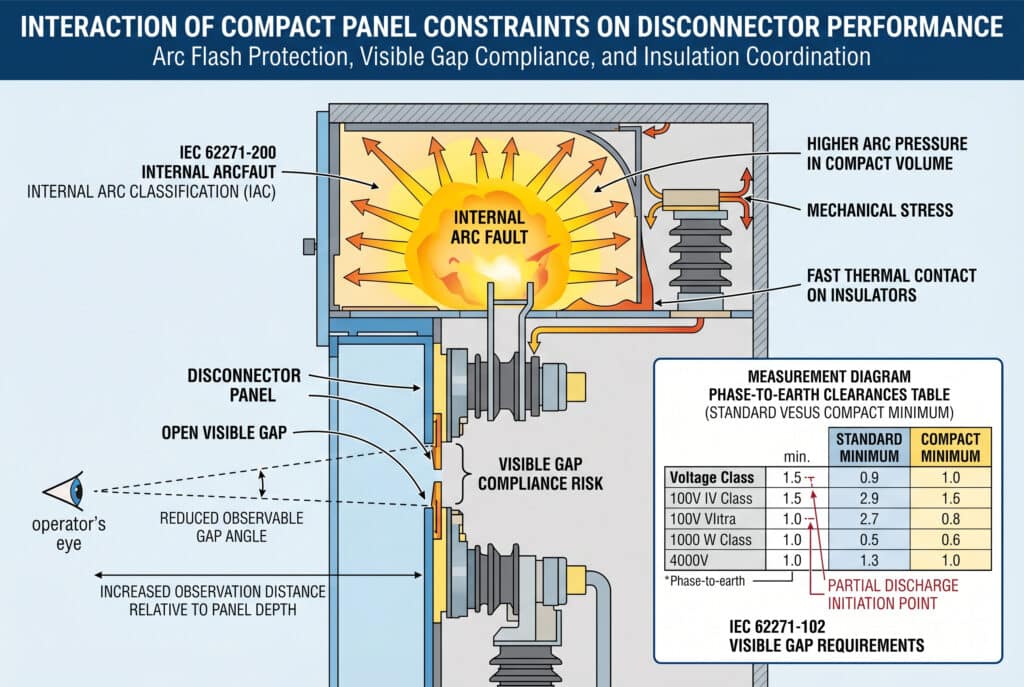 This illustration visualizes the critical technical constraints in a compact switchgear panel with a disconnector. It shows concentrated internal arc plasma with high pressure arrows and high thermal contact on insulators, a diagram of the reduced observable visible gap angle for operators relative to panel depth, and minimized phase-to-earth clearances referencing IEC safety standards.