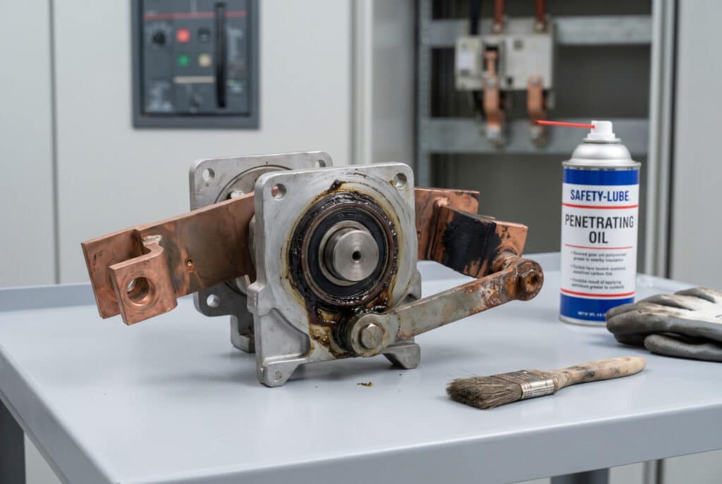 Metinde tartışıldığı gibi, arızalı bir pivot yatağını ve kapalı bir ayırıcı anahtarın sıkışmış bir bağlantı eklemini yakalayan odaklanmış bir fotoğraf. Orta gerilim endüstriyel bir şalt panosundan sökülmüş ve gri bir bakım yüzeyinde duran mekanizma, yanlış yağlamanın sonuçlarını gözle görülür bir şekilde sergiliyor: yatak contası etrafında ağır, koyu, polimerize gres birikimi (aşırı yağlanma/eskimiş gres) ve akım taşıyan bakır temas yüzeyinde dirençli bir karbon filmi oluşumu (petrol gres uygulaması nedeniyle). Yakınlarda kirli bir fırça, bir kutu aerosol nüfuz edici yağ ve bir çift iş eldiveni, uygunsuz aletleri ve temizlik adımlarının atlandığını göstermektedir. Arka planda yumuşak bir şekilde bulanıklaştırılmış şalt hücreleri görülüyor. Işıklandırma temiz ve parlaktır; dokuları ve kusurları öne çıkararak prosedürel ihmali vurgular.