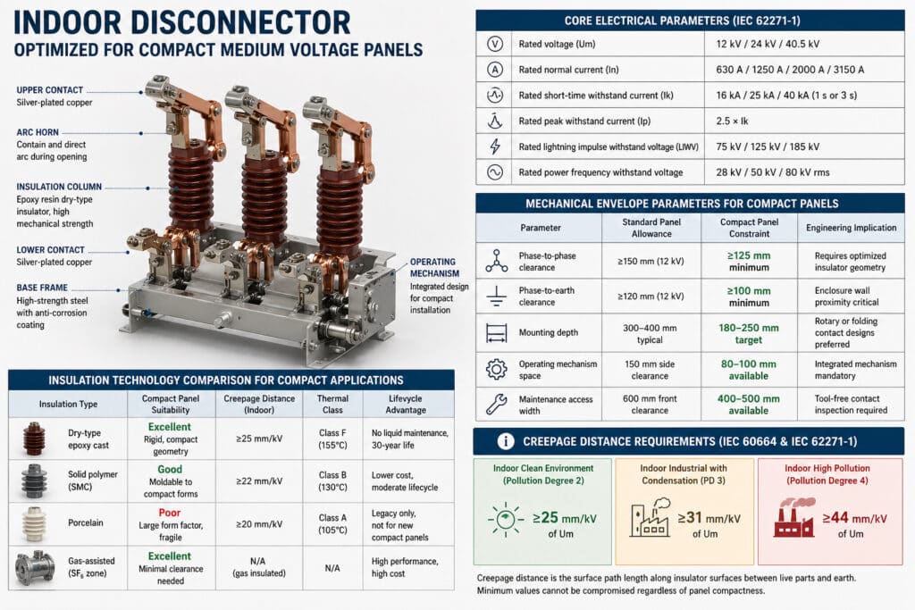 Technical infographic explaining how indoor disconnectors are selected for compact medium voltage panels, showing contact assemblies, insulation columns, mechanical envelope limits, electrical ratings, and creepage distance requirements.