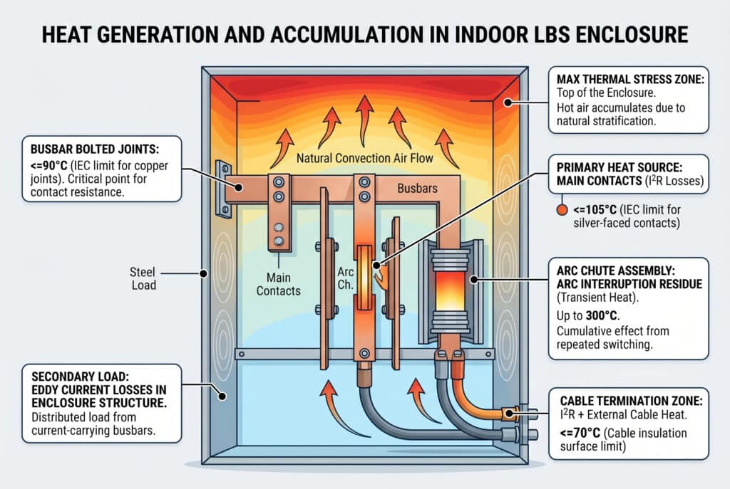 Bản vẽ kỹ thuật chi tiết thể hiện các nguồn nhiệt và sự tích tụ nhiệt bên trong tủ LBS trung áp đặt trong nhà, nêu rõ tổn thất điện trở, hiện tượng phân tầng do đối lưu tự nhiên và các giới hạn nhiệt độ theo tiêu chuẩn IEC đối với các linh kiện.