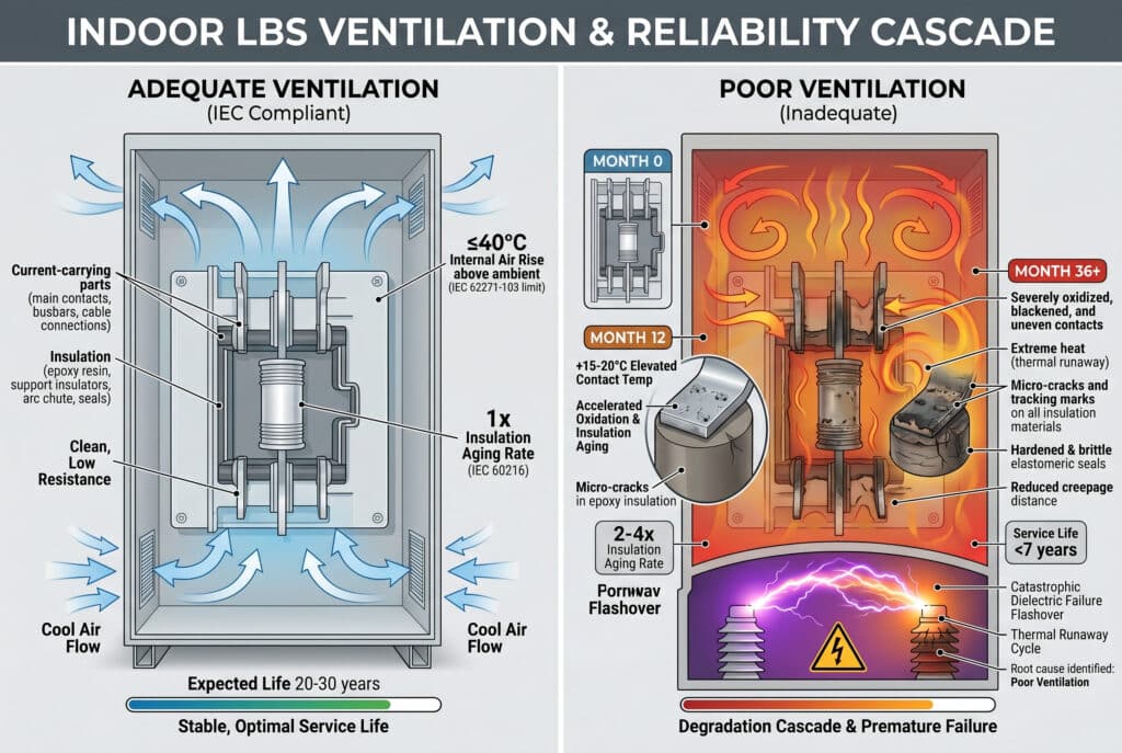 Một infographic hiện đại minh họa quá trình suy giảm độ tin cậy theo từng giai đoạn trong một tủ điện LBS đặt trong nhà. Ở bên trái, infographic thể hiện kịch bản 'THÔNG GIÓ ĐỦ (Tuân thủ tiêu chuẩn IEC)' với các mũi tên biểu thị luồng không khí mát, đường dẫn dòng điện sạch và lớp cách điện ổn định, dựa trên mức tăng nhiệt độ ≤40°C, tốc độ lão hóa 1x và tuổi thọ 20-30 năm. Ở bên phải, 'THÔNG GIÓ KÉM (Không đủ)' hiển thị mặt cắt ngang theo thời gian (Tháng 0, 12, 36+), với sương mù nhiệt, nhiệt độ tăng, oxy hóa tiếp xúc, các vết nứt nhỏ trong epoxy, khoảng cách rò rỉ giảm, và kết thúc bằng 'Sự cố điện môi thảm khốc' và 'Chu kỳ tăng nhiệt' với tuổi thọ <7 năm.