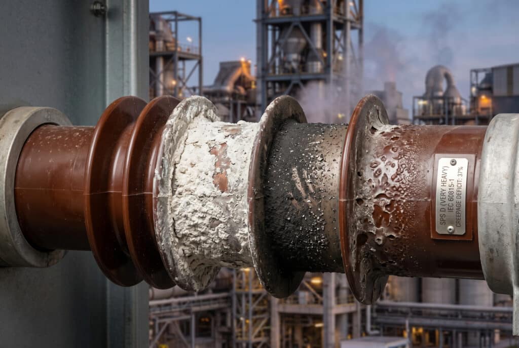 Một bức ảnh cận cảnh chi tiết về một cách điện trung áp, minh họa những tác động nghiêm trọng của các loại ô nhiễm công nghiệp khác nhau. Các khu vực khác nhau trên bề mặt bị bao phủ bởi bụi xi măng, bụi than, cặn mài kim loại và các chất ô nhiễm hóa học, cho thấy sự xuống cấp nhanh chóng và hiện tượng rò điện bề mặt; kèm theo đó là một nhãn ghi rõ phân loại SPS D (Rất nặng) và mức thiếu hụt khoảng cách rò điện 37% theo tiêu chuẩn IEC 60815-1.