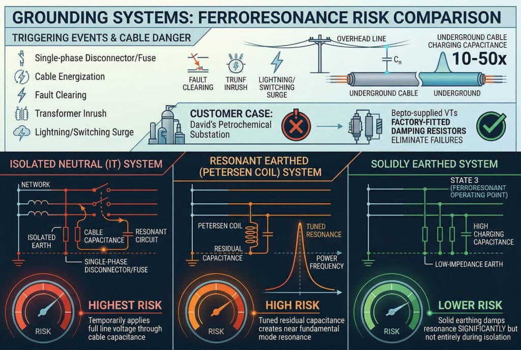 A modern infographic illustrating the ferroresonance risk associated with three distinct power grounding configurations. The vertical panels compare Isolated Neutral (IT), Resonant Earthed (Petersen Coil), and Solidly Earthed systems, using stylized diagrams to show resonant circuits, single-phase switching operations, and risk meters (Highest to Lower). A supporting sidebar lists "TRIGGERING EVENTS" with icons (Single-phase Disconnector, Fuse, Energization, Fault clearing, etc.) and visually contrasts overhead line vs. underground cable charging capacitance (10-50x higher) as the primary danger.