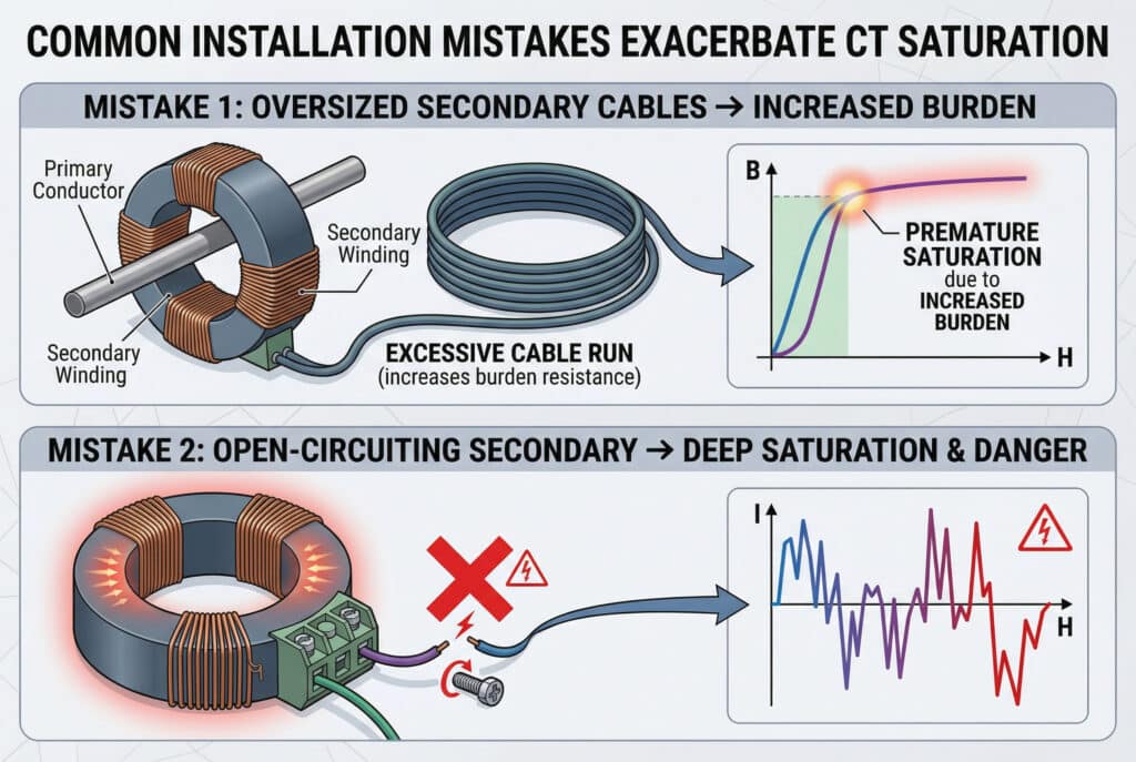 Infografis ilustratif dalam desain yang bersih dan modern, disusun dalam rasio aspek 3:2 dengan teks bahasa Inggris yang sempurna dan benar, serta tidak ada pemisahan horizontal, menumpuk dua area konten utama yang berbeda secara konseptual secara vertikal dalam satu ilustrasi yang kohesif. Bagian atas, diberi label 'KESALAHAN 1: KABEL SEKUNDER YANG TERLALU BESAR -> BEBAN BERTAMBAH', menampilkan trafo arus toroidal realistis (CT) dengan belitan tembaga dan konduktor primer melalui bagian tengahnya, terhubung ke kabel sekunder melingkar yang sangat tebal dan sangat panjang yang melingkar secara berlebihan menjauhi terminal CT. Label menekankan 'Konduktor Primer', 'Gulungan Sekunder', dan 'RUN KABEL EKSTENSIF (meningkatkan resistensi beban)'. Terintegrasi di sebelah visual CT ini, kurva magnetisasi transformator arus grafis (kurva B-H) dengan jelas meratakan dan menjenuhkan lebih awal pada sumbu H horisontal, disertai dengan cahaya yang disorot dan label yang menonjol 'Saturasi Prematur karena BEBAN BERTAMBAH'. Bagian bawah, ditumpuk di bawah bagian pertama dan diberi label 'KESALAHAN 2: SIRKUIT TERBUKA SEKUNDER -> SATURASI DALAM & BAHAYA', menunjukkan CT toroidal realistis lainnya dengan blok terminal sekunder yang terlihat. Satu kabel sekunder tersambung dengan benar, tetapi sambungan lainnya terhubung secara terbuka dengan kabel longgar yang menggantung di dekat sekrup terminal yang dibuka sebagian, yang secara eksplisit ditandai dengan tanda 'X' merah besar, busur listrik kecil/simbol tegangan tinggi, dan cahaya peringatan yang berbeda atau efek tekanan dari bahan inti itu sendiri. Terintegrasi secara visual di samping kesalahan CT ini, visualisasi grafis lainnya menampilkan bentuk gelombang output arus yang terdistorsi, bergerigi, dan asimetris yang berbahaya, dengan lonjakan yang tidak beraturan dan ikon peringatan tegangan tinggi yang terintegrasi. Gaya ilustrasi yang bersih menggabungkan model realistis dengan elemen infografis modern dan warna fungsional umum dengan peringatan merah dan sorotan/pendar untuk efek peringatan/bahaya/jenuh, semua teks dapat terbaca dan 100% benar dalam bahasa Inggris. Latar belakang netral dengan pola geometris yang halus.