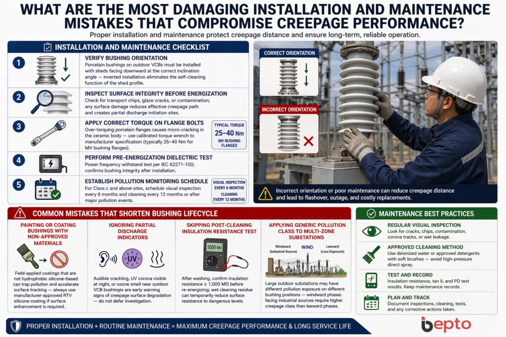 Yanlış yönlendirme, yüzey hasarı, aşırı tork, atlanan dielektrik kontrolleri ve dış mekan VCB hizmet ömrünü kısaltabilecek zayıf kirlilik izleme dahil olmak üzere burç sızıntı performansını azaltan kurulum ve servis hatalarını gösteren teknik bakım infografiği.