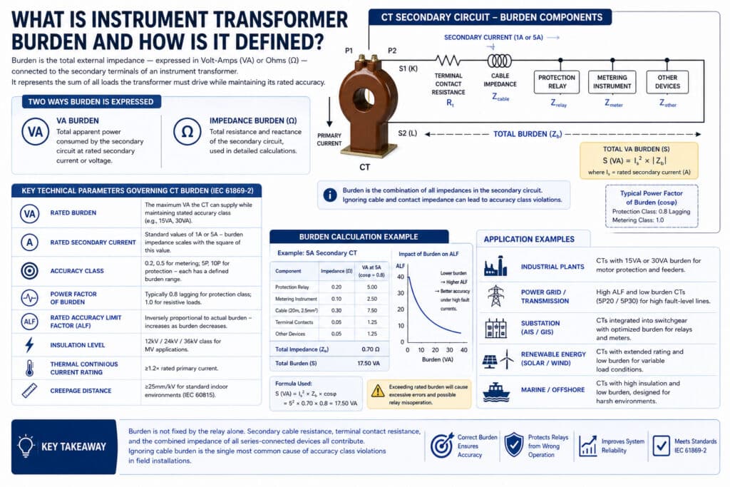 Technical infographic explaining instrument transformer burden as the total secondary-circuit impedance or VA load, including relay burden, meter burden, cable impedance, terminal contact resistance, rated burden, secondary current, accuracy class, ALF, and the impact of overlooked cable burden on CT accuracy.