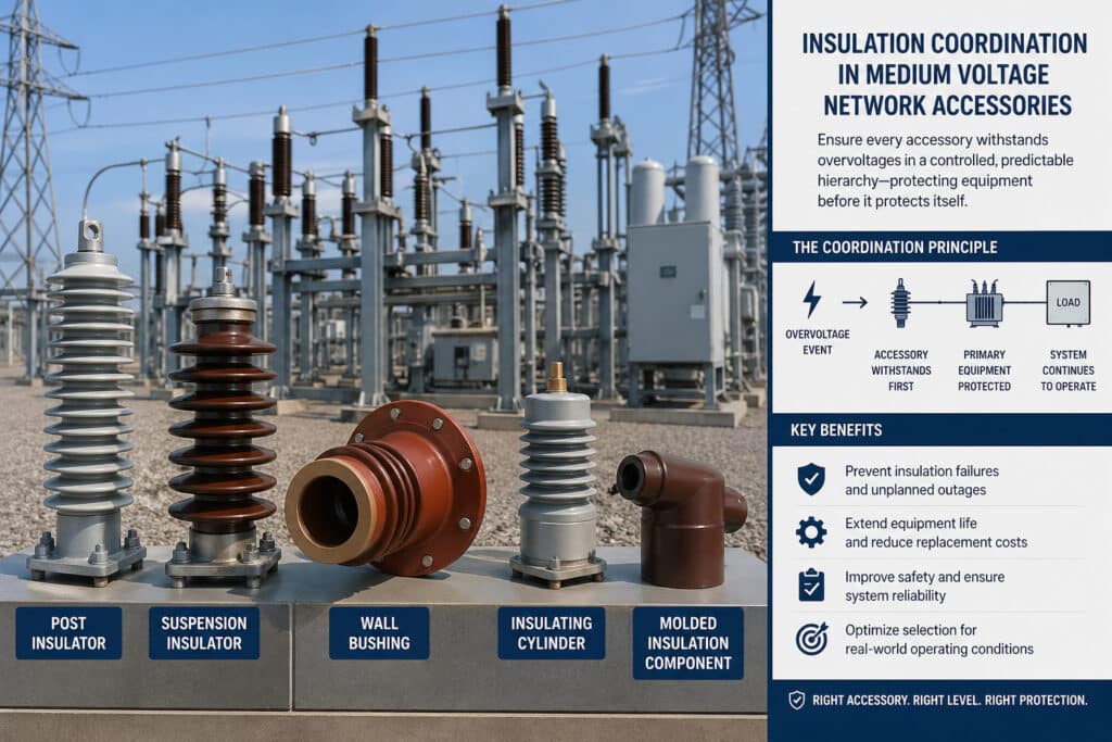 Zubehör für Mittelspannungsschaltanlagen, darunter Pfostenisolatoren, Hängeisolatoren, Wanddurchführungen, Isolierzylinder und geformte Isolierkomponenten, die zeigen, wie die Koordinierung der Isolierung die Mittelspannungsanlagen vor Überspannungen schützt und die Zuverlässigkeit des Netzes verbessert.