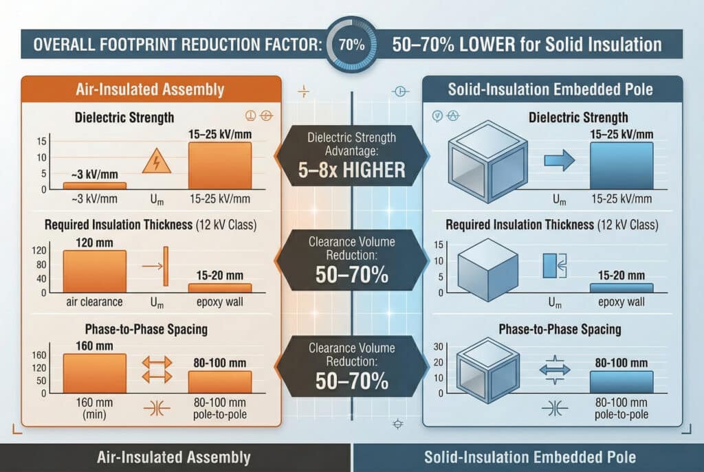 Um infográfico moderno de visualização de dados, totalmente livre de modelos físicos de produtos, comparando o impacto da tecnologia de isolamento nas pegadas de painéis de média tensão (MV). Ele apresenta gráficos de barras estilizados e blocos métricos organizados em dois painéis principais: 'Conjunto isolado a ar' (laranja quente) e 'Polo incorporado com isolamento sólido' (azul frio). Um resumo central destaca "FATOR DE REDUÇÃO GERAL DE IMPRESSÃO DE PÉS: 50-70% MENOR para isolamento sólido", resumindo a enorme economia de espaço derivada da alta resistência dielétrica e das propriedades do material. Esse visual apoia diretamente os dados encontrados nas tabelas de entrada, mostrando comparações de rigidez dielétrica, folga necessária/espessura do material e espaçamento fase a fase em um formato claro e abstrato orientado por dados.