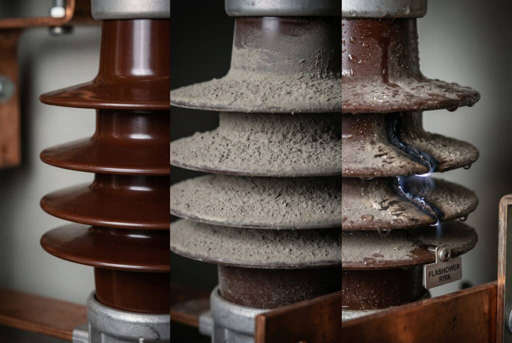 Một quá trình diễn biến trực quan trên bề mặt của một bộ cách điện, cho thấy phần bên trái có hình dạng rõ ràng, phần giữa bị bụi dày đặc lấp đầy các khe hở, làm giảm khoảng cách cách điện hiệu dụng, và phần bên phải nơi độ ẩm đã kích hoạt lớp bụi và gây ra hiện tượng dẫn điện bề mặt, dẫn đến nguy cơ phóng điện.