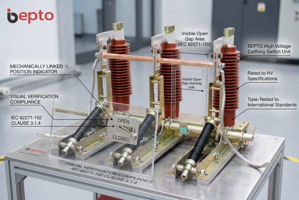 Детальная фотография высоковольтного заземлителя BEPTO в сборе, созданная на основе image_2.png, интегрирована со специализированной демонстрационной установкой. Эта установка наглядно демонстрирует ключевые элементы, необходимые для визуальной проверки соответствия стандарту IEC 62271-102. На прозрачном акриловом экране выделена "Видимая область открытого зазора (IEC 62271-102)", а в увеличенном врезном окне над связанным индикатором четко виден механический флажок, направленный в положение 'ОТКРЫТО', что демонстрирует важнейшее требование к визуальной проверке безопасности, о котором говорится в статье. Логотип bepto сохранен.