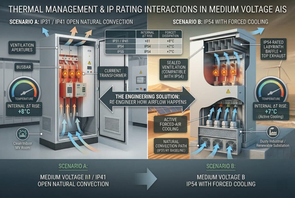 Detaillierte Vergleichsinfografik zum Wärmemanagement in Mittelspannungs-AIS-Gehäusen: Gegenüberstellung einer offenen Konstruktion mit natürlicher Konvektion (links, IP31/IP41), die einen geringen Temperaturanstieg in einem sauberen Innenraum aufweist, und einer versiegelten Konstruktion mit Zwangskühlung (rechts, IP54), bei der eine Lüfter-Filter-Einheit mit einem Filter der Klasse G4 und Labyrinth-Leitblechen verwendet wird, um eine ähnlich niedrige Innentemperatur in einer staubigen Industrieanlage oder einem Umspannwerk für erneuerbare Energien aufrecht zu erhalten. Die zentrale Strömung verdeutlicht, dass die technische Lösung eine Umgestaltung des Luftstroms erfordert, um mit hohen IP-Schutzarten kompatibel zu sein.