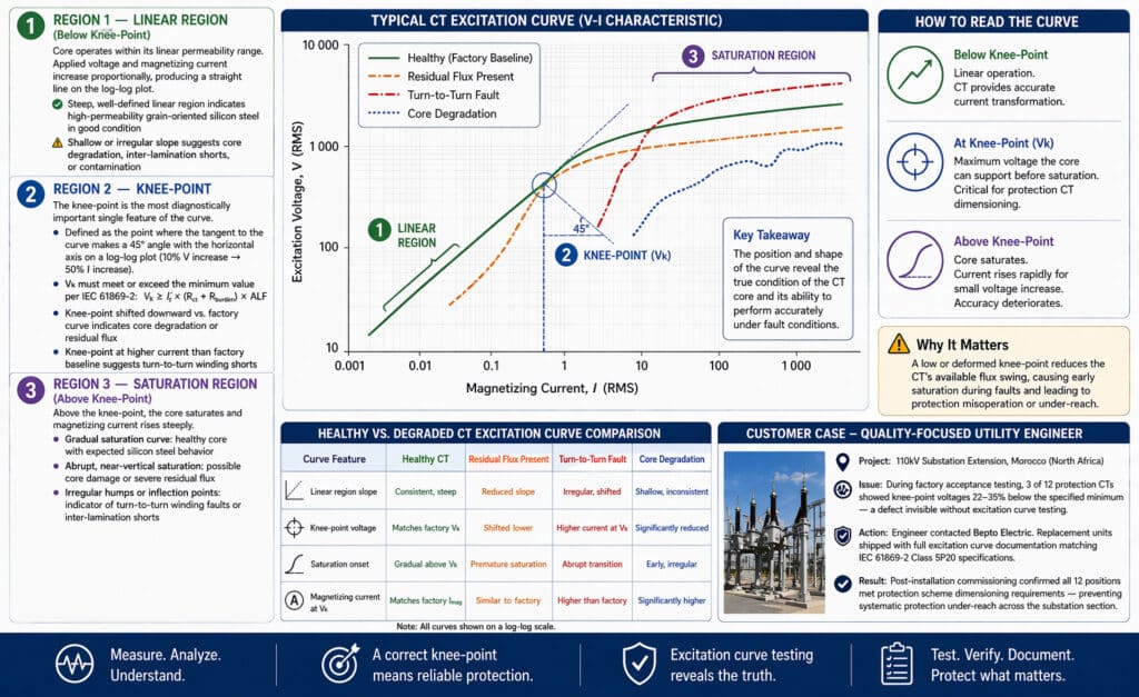 Doğrusal bölgeyi, diz noktası voltajını ve doygunluk bölgesini tanımlayarak bir CT V-I uyarma eğrisinin nasıl yorumlanacağını açıklayan teknik infografik, sağlıklı CT'ler, artık akı, dönüşten dönüşe arızalar ve çekirdek bozulması için karşılaştırma eğrileri.