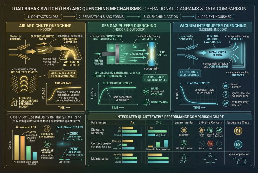 一個現代化、以數據為導向的資訊圖示儀表板，說明並比較三種不同中壓負載開關 (LBS) 的內部熄弧機制。頂部詳細說明了共用的操作流程，接著是並排的技術示意圖和資料圖表。空氣電弧槽（左，黃色）將電磁力和電弧槽提高電弧電壓形象化，並顯示出電壓與時間的關係圖。SF6 氣體膨脹器（中間，綠色）可視化氣體壓縮和高速爆破冷卻弧柱，包括介電強度 (~2.5x Air) 數據和介電恢復與時間關係圖 (<1 cycle extinction) 的說明。真空中斷器（右側，藍色）可視化金屬蒸氣等離子體在表面上的凝結和快速擴散，包括以微秒為單位的消光數據呼出，以及具有 E2 持久度的等離子體密度與時間關係圖。底部有一個大型的整合量化性能比較圖，使用視覺條狀圖、圖示和定性滑桿來比較參數：介質恢復、接觸侵蝕、維護、環境、SF6 溫室氣體問題、電氣耐力和應用。單獨的趨勢圖可視化案例研究的資料趨勢，顯示 Bepto Sealed SF6 LBS 與空氣絕緣 LBS 相比，在 24 次定性定量監測定量中，開關故障減少，年度維護干預消除。美觀現代、簡潔、動態的資料發光效果。.