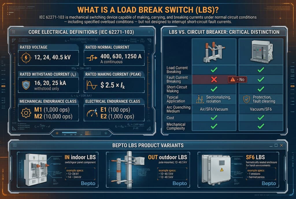一份現代化、技術精確的分割資訊圖表，定義並對比中電壓負載分離開關 (LBS)。左側面板標題為 「核心電氣定義 (IEC 62271-103)」，具有不同的區塊，圖示包括電壓（12、24、40.5 kV）、電流（400、630、1250 A）、耐受電流（$I_k$ = 16、20、25 kA / 帶警告 'w/ withstood only'）、峰值製造電流（$2.5 \times I_k$）、機械耐久性（M1 1,000 ops、M2 10,000 ops）和電氣耐久性（E1 100 ops、E2 1,000 ops）。右中間的面板「LBS VS.CIRCUIT BREAKER：CRITICAL DISTINCTION「（斷路器與斷路器：關鍵區別），提供了一個清晰的示意性對照表，其中包含檢查和 」X'，可直觀對比故障電流分斷、應用（分段與保護）和成本等功能。底部面板 「BEPTO LBS 產品變量 」顯示了以下標籤說明：IN 室內 LBS「（開關組件，12-24 kV）、」OUT 室外 LBS「（電極安裝，12-40.5 kV）和 」SF6 LBS'（密封外殼，12-40.5 kV）。整個構圖具有數位化、簡潔的工程美學，搭配資料和網路線，以及 Bepto 標誌。定義包含在頂部標題橫幅中。.