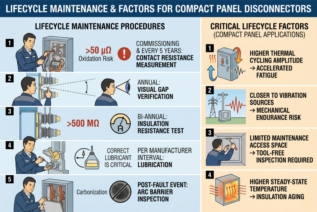 A structured procedural infographic illustrating both the five key lifecycle maintenance steps for compact panel disconnectors with an East Asian technician, and the four critical factors specific to compact applications that accelerate components aging. The image uses modern icons and clear vector diagrams to summarize complex technical procedures and stresses.