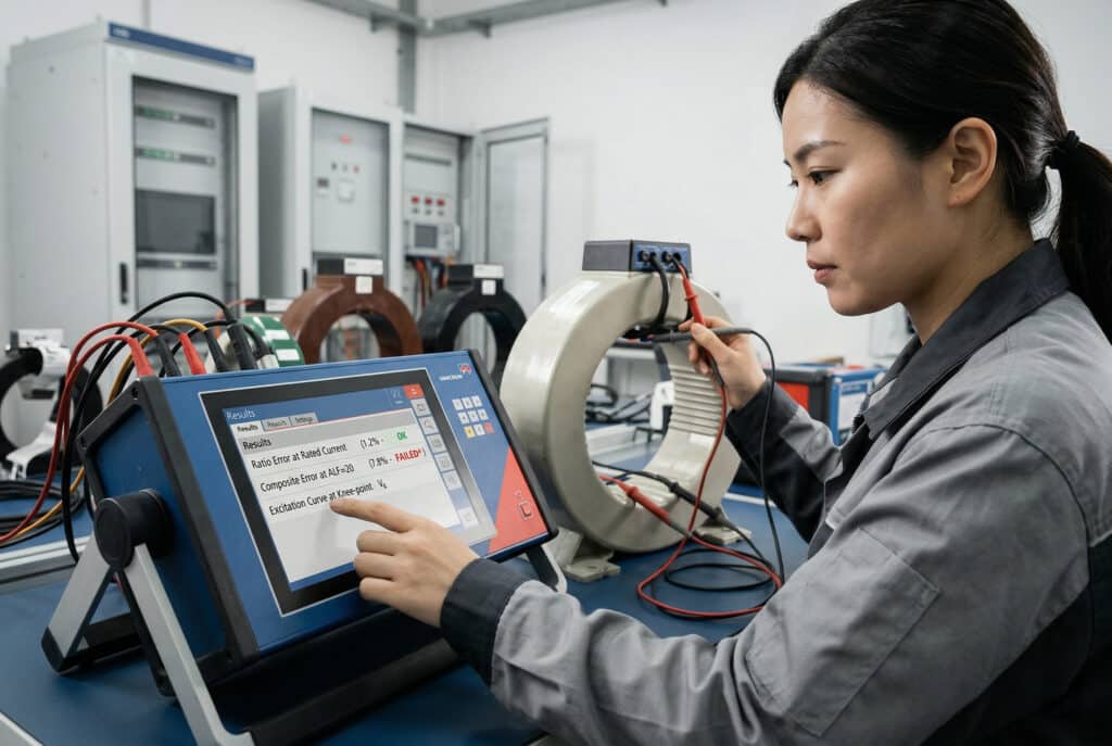 A technical close-up photograph of a professional East Asian female application engineer conducting a secondary injection test on a toroidal protection current transformer in a modernized electrical engineering laboratory. The touchscreen display of her testing instrument highlights a 'FAIL' result for Composite Error at the Accuracy Limit Factor (ALF), compared to a 'PASS' for Ratio Error, visualizing a critical technical verification error discussed in the article.