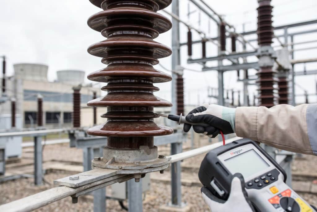 屋外にある産業プラントの配電所内で、年に一度のメンテナンス作業を撮影した技術的なクローズアップ写真。安全手袋と正しい作業着を着用した保守技術者が、DC5kVのメガー絶縁抵抗計を使用している。メガーのプローブは、前の画像で示したように、断路器スイッチの高圧磁器絶縁体スタックのベースシェッド近くの金属ハードウェアにしっかりと接触しており、重要な清掃後または年次検証プロセスを示している。構造物や冷却塔のある複雑な産業環境は、拡散した自然光の下で背景にぼかされている。.