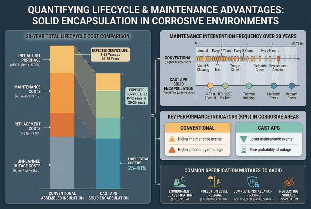 多面板資料儀表板，比較固體封裝（Cast APG）與傳統組裝絕緣在腐蝕性工廠中的生命週期與維護優勢。它顯示了 20 年的成本比較、20 年內的維護時間線頻率、KPI 比較儀表板，以及需要避免的常見規格錯誤摘要，突顯了固體封裝方法的長期成本效益和可靠性。.