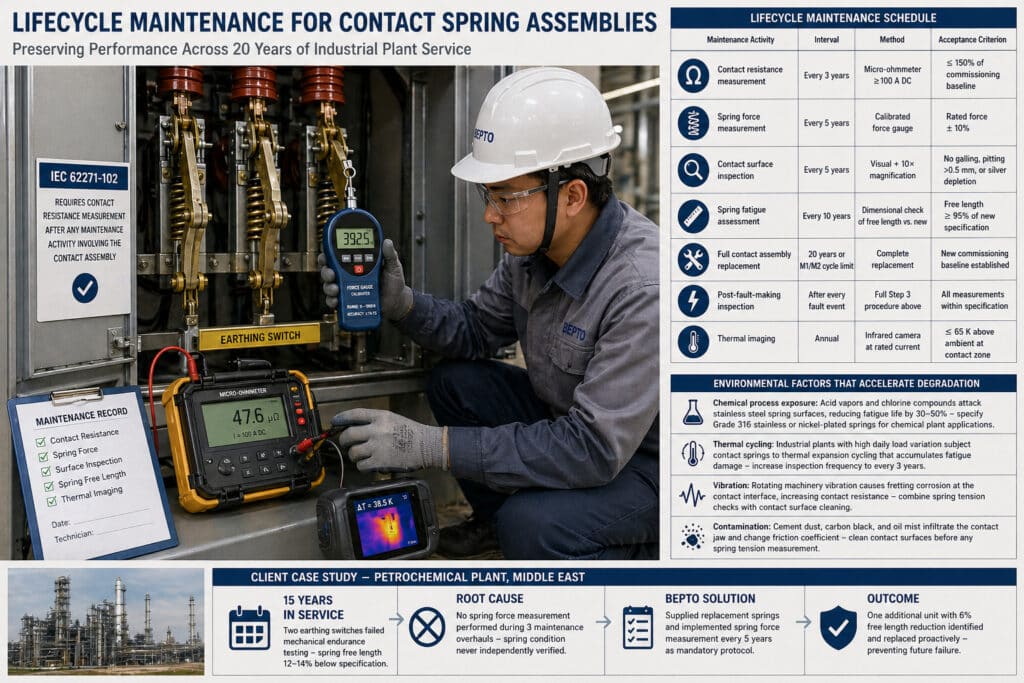 Ein Wartungstechniker einer Industrieanlage misst die Federkraft und den Kontaktwiderstand eines Erdungsschalters als Teil eines 20-jährigen Wartungsprogramms für Mittelspannungsschaltanlagen.