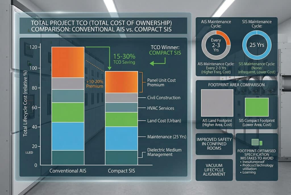 Uma comparação infográfica de visualização de dados profissional (sem nenhum produto físico ou modelo de equipamento) entre o painel de distribuição de polos embutidos com isolamento a ar convencional (AIS) e com isolamento sólido compacto (SIS), com base no ciclo de vida e nos dados de vantagem operacional em image_12.png e nas tabelas de entrada. O estilo é uma interface digital limpa e moderna, com linhas brilhantes e elementos de dados precisos. O foco central é um grande gráfico de barras empilhadas intitulado "TOTAL PROJECT TCO (TOTAL COST OF OWNERSHIP) COMPARISON: CONVENTIONAL AIS vs. COMPACT SIS". Ele apresenta duas barras verticais, com a barra do SIS mostrando uma redução total cumulativa, enfatizando uma "Economia de custo total: -15-30%". Os rótulos das categorias incluem "Custo unitário do painel" (mostrando o AIS como linha de base e o SIS com um pequeno prêmio de '+10-20%', mas com uma altura total menor), "Construção civil", "Serviços de HVAC", "Custo do terreno", "Manutenção (25 anos)" e "Gerenciamento de meio dielétrico" (0% SIS). As setas apontam para o SIS, designando-o como "Vencedor do TCO". As visualizações secundárias incluem: uma comparação do ciclo de manutenção com pequenos medidores rotulados como "Ciclo de manutenção do AIS: A cada 2 ou 3 anos (custo mais alto)" e "Ciclo de manutenção do SIS: 25 anos (nenhum/frequente, custo mais baixo)", referenciando os dados na tabela de entrada; um mapa simplificado da área ocupada comparando o "AIS (área mais alta)" e o "SIS (área mais baixa)"; e resumos de texto para "Segurança aprimorada em espaços confinados" e "Alinhamento do ciclo de vida do vácuo".