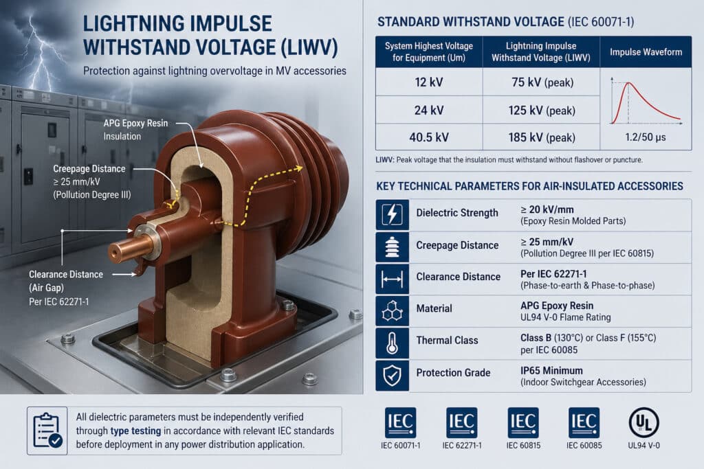 Orta gerilim hava yalıtımlı aksesuarlar için yıldırım darbe dayanım gerilimini açıklayan, APG epoksi reçine burç kesitini, kaçak mesafesini, boşluk mesafesini, IEC dayanım gerilimi seviyelerini ve şalt bileşenleri için temel dielektrik parametrelerini gösteren teknik infografik.