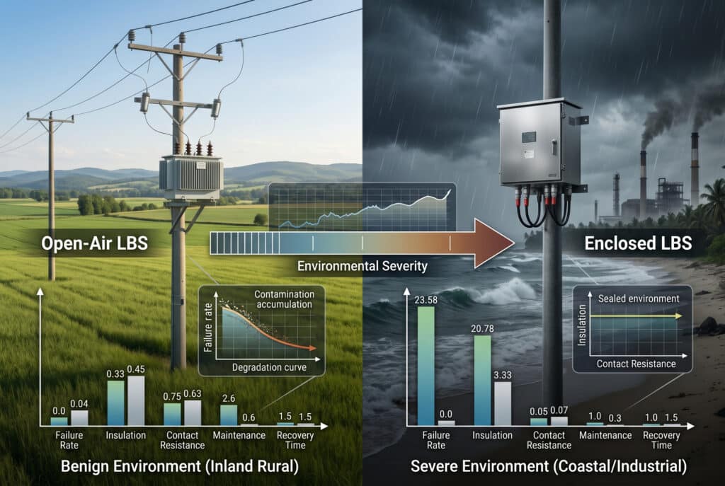 Une visualisation technique comparative côte à côte illustrant la fiabilité relative des performances des interrupteurs de rupture de charge (LBS) à l'air libre par rapport aux conceptions fermées pour la distribution d'énergie dans les environnements ruraux bénins et les environnements industriels côtiers sévères, avec des graphiques de données conceptuelles pour les taux de défaillance et les mesures de la dégradation.