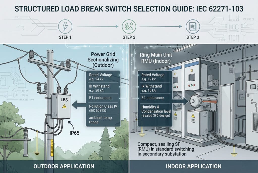 負載分離開關選擇的不同物理應用場景對比。圖中包含步驟 1（電氣）、步驟 2（環境）和步驟 3（標準）的結構化流程。左邊顯示的是室外電線杆安裝的 LBS，其上覆蓋的細微數據顯示了 'POLLUTION CLASS IV (IEC 60815) 「和 」IP65 RATING '等因素。右側顯示的是室內環型主機 (RMU) LBS，其上覆有「E2 電氣耐久性」和「密封 SF6 設計」等資料。圖形連結展示了選擇步驟如何導向每個應用的需求。.