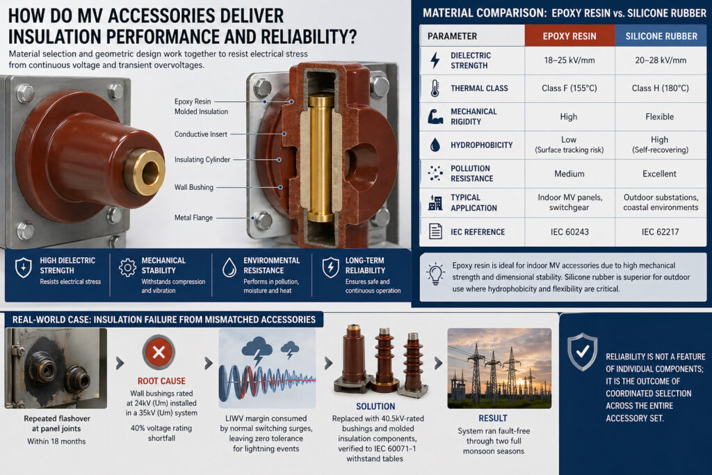 Querschnittsansicht von mit Epoxidharz vergossenen Isolations- und Wanddurchführungskomponenten mit Materialvergleichsdaten, die zeigen, wie sich Materialauswahl, Geometrie und Spannungskoordination auf die Zuverlässigkeit der MV-Zubehörisolierung auswirken.