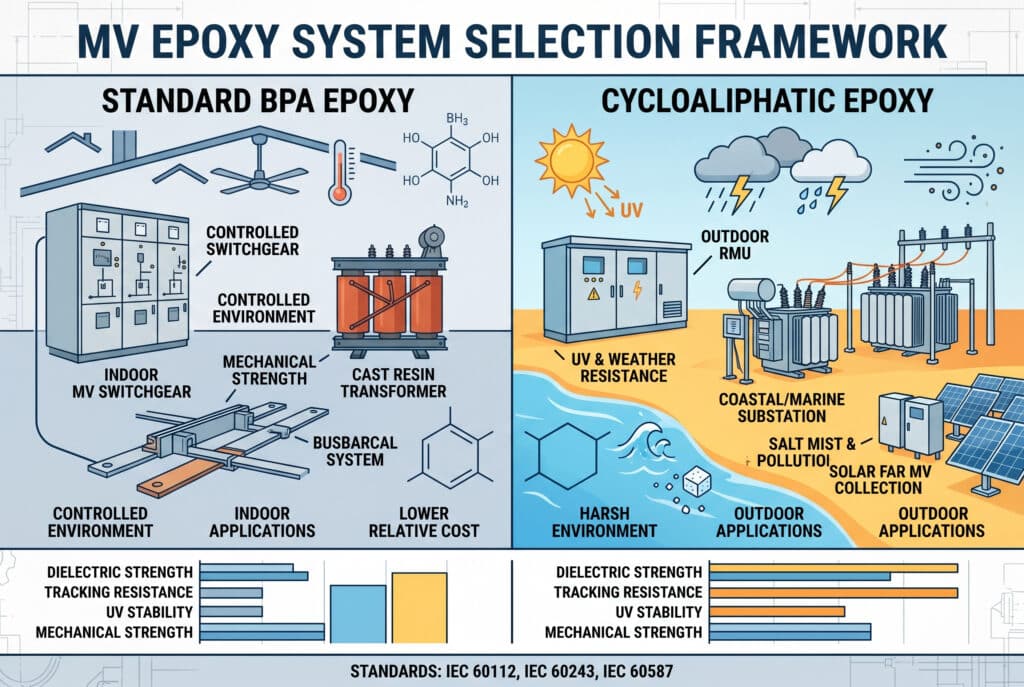 A split-screen infographic illustration providing a detailed selection framework for medium-voltage (MV) epoxy systems. The left side, titled "STANDARD BPA EPOXY" in a calmer blue and gray palette, focuses on indoor applications and mechanical strength, showcasing switchgear and transformers in controlled environments. The right side, titled "CYCLOALIPHATIC EPOXY" with a brighter color palette, emphasizes outdoor and harsh environments, illustrating coastal substations and outdoor ring main units with clear icons for UV, rain, salt fog, and pollution. Both sides list key performance criteria and applicable IEC standards.