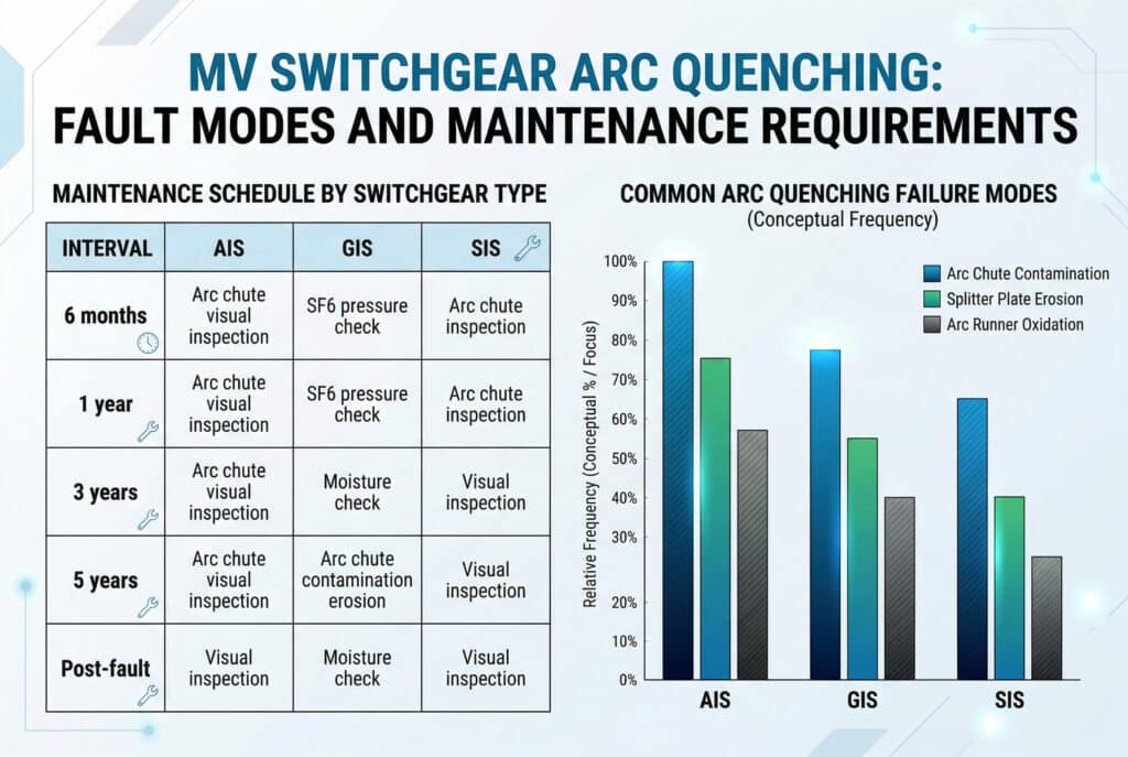 Um painel de visualização de dados corporativos moderno e profissional. À esquerda, uma tabela detalhada intitulada 'MAINTENANCE SCHEDULE BY SWITCHGEAR TYPE' com colunas: INTERVALO, AIS, GIS, SIS, contendo texto preciso e ícones digitais como um relógio ou uma chave inglesa, baseados diretamente na tabela do artigo. À direita, gráficos de barras verticais agrupados com foco conceitual para AIS, GIS e SIS, mostrando modos de falha específicos (por exemplo, 'Arc Chute Contamination', 'SF6 Leakage', 'Vacuum Seal Failure', 'Contact Erosion') com um eixo y para 'Relative Frequency (Conceptual % / Focus)' e uma legenda colorida. A imagem inteira está em um plano de fundo limpo, azul claro e cinza, com detalhes geométricos modernos. Não há produtos ou pessoas reais.