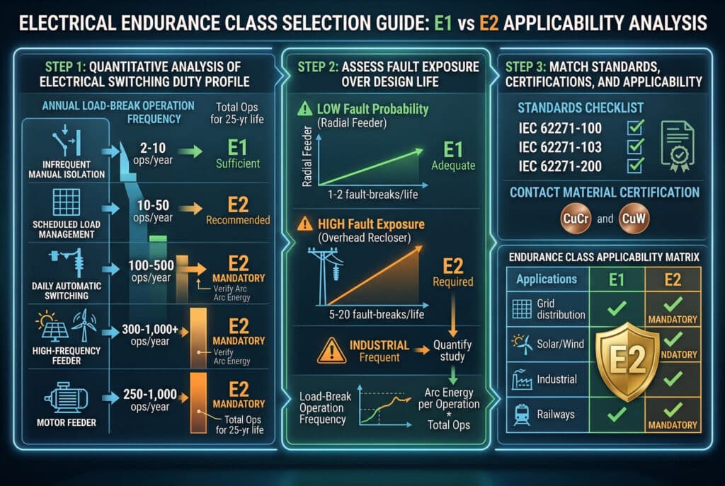 専門的なインフォグラフィック・フローチャートは、MVスイッチギヤの用途に適した電気的耐久性クラス（E1対E2）の選択についてユーザーをガイドします。第一に、高周波の再生可能フィーダと頻繁でない手動スイッチングなど、さまざまな用途の年間負荷遮断動作頻度の分析、第二に、ネットワークタイプに基づく設計寿命にわたる故障暴露の評価、第三に、関連するIEC規格と用途適合性の照合です。最終的な適用可能性マトリックスでは、最新の高周波および自動再閉路にE2クラスが必須であることを強調し、M2/E2が最高規格であることを強調している。.