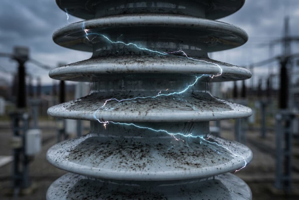 Belirgin, nemli bir kirletici tabakası olan bir dış mekan porselen burcunun ayrıntılı makro fotoğrafı. Parlayan mavimsi bir çizgi, küçük kıvılcımların kirli bir trafo merkezi ortamında potansiyel bir parlama riskine işaret ettiği sızıntı yolu boyunca sızıntı akımını görselleştirir. İnsan varlığı yok.