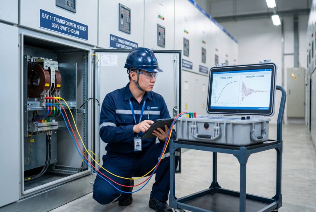 A focused East Asian male maintenance engineer, wearing a dark blue uniform, hard hat, and safety glasses, is performing secondary injection testing and demagnetization on a CT terminal within an open switchgear panel labeled 'BAY 1: TRANSFORMER FEEDER' and '33kV SWITCHGEAR'. He is using a multi-function test set on a wheeled cart, which displays magnetization curve and demagnetization waveforms. Color-coded test cables are connected. Other similar panels and clear concrete floors are visible in a modern, clean switchgear room. This illustrates post-fault maintenance to reduce DC offset saturation risk.
